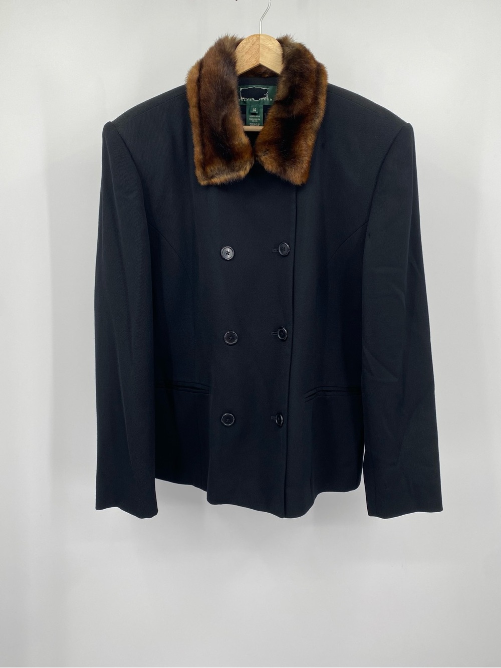 Ralph Lauren Black Double-Breasted Pea Coat with Fur Collar Size 14
100% Wool